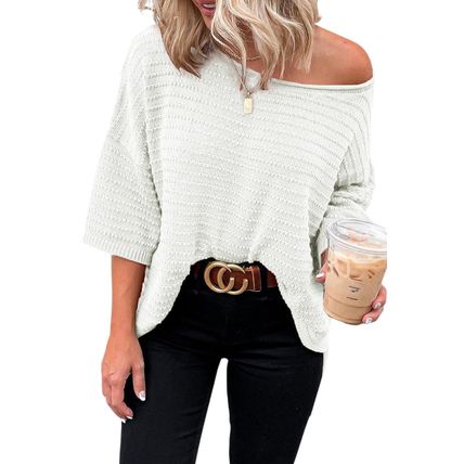 Beige Textured Knit Drop Shoulder Short Sleeve Sweater