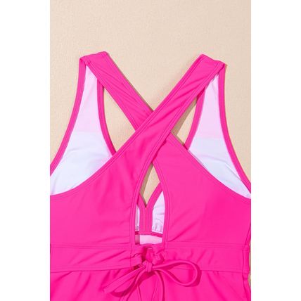 Rose V Neck Ruffled Hem Floral Bottom Tankini Set
