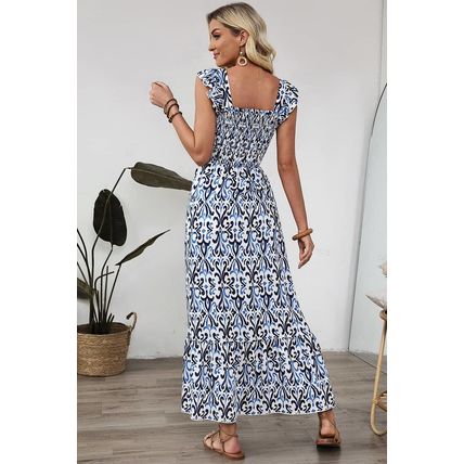 Sky Blue Boho Print Smocked High Waist Maxi Dress