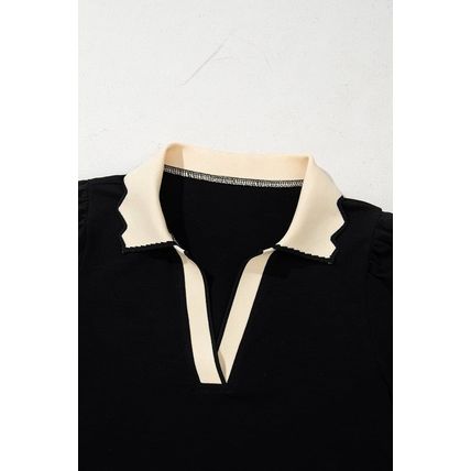 Black Color Contrast Collared V Neck Puff Sleeve Blouse
