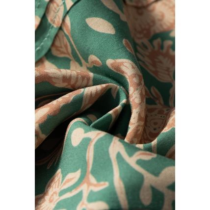 Green Floral Print Pleated Buttoned V Neck Short Sleeve Blouse