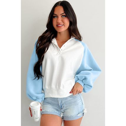 Beau Blue Colorblock Snap Buttons Pullover Sweatshirt