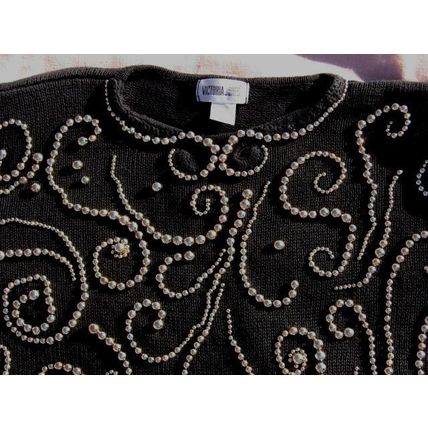 Womens Victoria Jones Black Sweater L Large Gold Beading Ugly Interesting Heavy