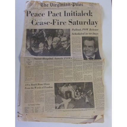 PEACE PACT CEASE FIRE SATURDAY .. The Virginian -Pilot newspaper January 24,1973