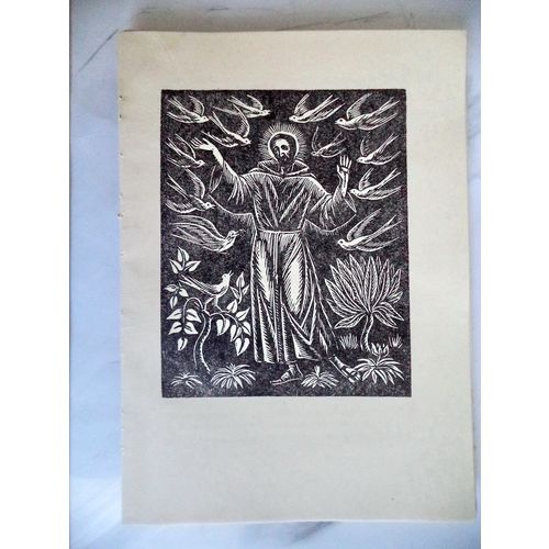 Vintage Woodcut Medieval Art Jesus with Doves Christianity Print Engraving 1950s