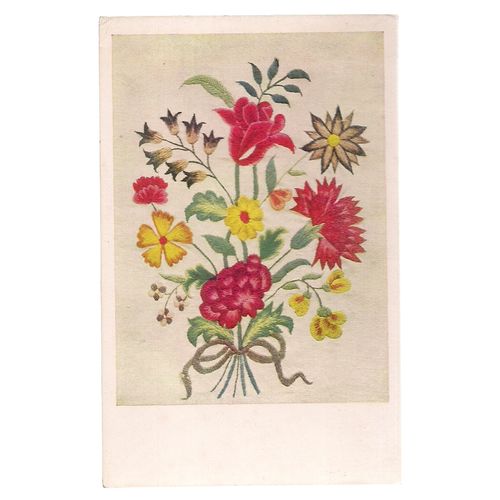 WOOL EMBROIDERY. Eng. 18th C. unused postcard Victoria & Albert Museum =