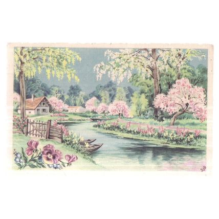 FRENCH used antique postcard TREES OF BLOSSOM, river, house not posted =