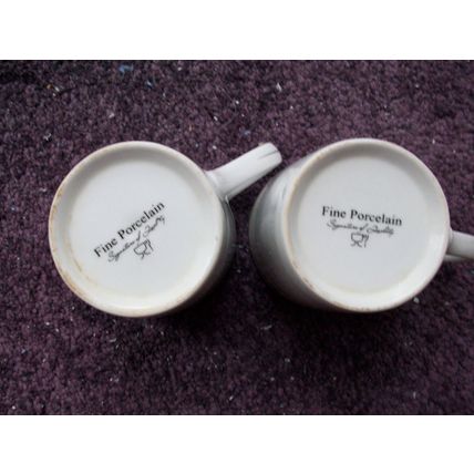 PAIR OF FINE PORCELAIN CUPS GREY VINE GILT TRIM **GC**