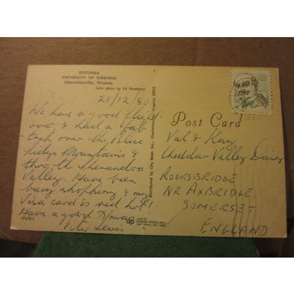 ROTUNDA, UNIVERSITY, CHARLOTTESVILLE, VIRGINIA, USA. used postcard dated 1980 =