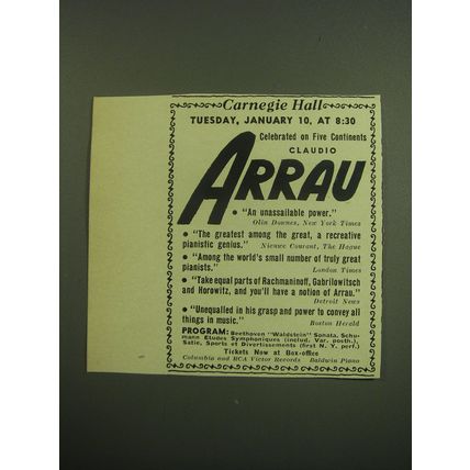 1949 Claudio Arrau Piano Concert Ad - Carnegie Hall Tuesday, January 10, at 8:30