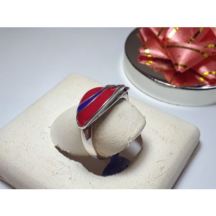 Estate Red & Blue Enamel Sterling Silver 925 WJ Leaf S-6 Ring #16684