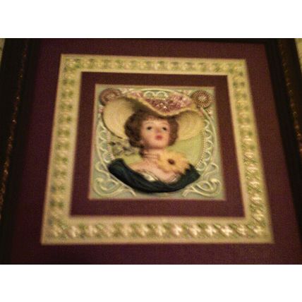 Ceramic 3D Victorian lady with fancy hat framed