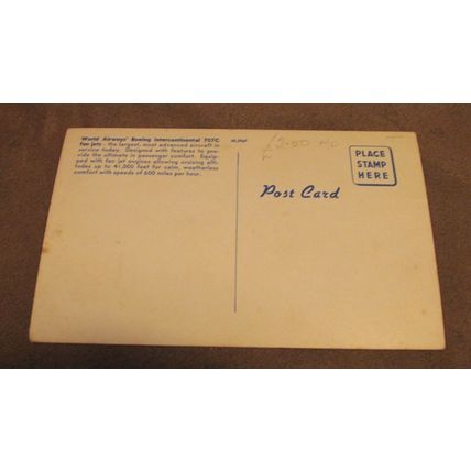 World Airways postcard - Boeing Intercontinental 707c fan jet Airliner