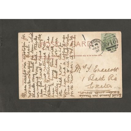 Genealogy Postcard Mrs J Endacott 1 Bath Road Exeter Devon 1905 PM 946