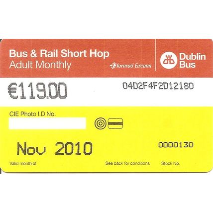 Bus & Rail Short Hop Adult Monthly Ticket issued by Dublin Bus & Iarnrod Eireann