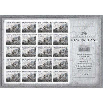 The War of 1812 Battle of New Orleans Sheet of 20 Current Rate Stamps Scott 4952