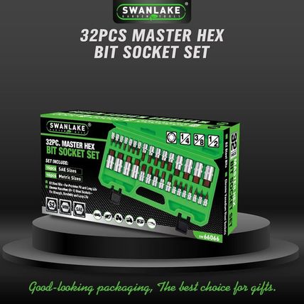 SWANLAKE 32 Piece Hex Bit Socket Set,Sae and Metric, 1/4'', 3/8', 1/2'' Drive So