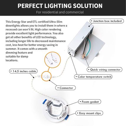 24Pack 6 Inch 5CCT Ultra-Thin LED Recessed Ceiling Light with Junction Box, 2700