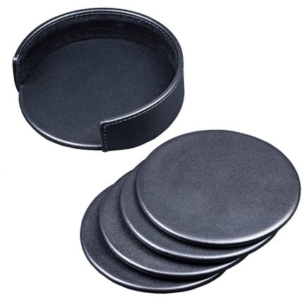 Dacasso Black Leather 4-Round Coaster Set