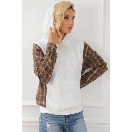 White Waffle Patch Plaid Sleeve Kangaroo Pocket Hoodie