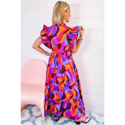Orange Abstract Printed High Waist Ruffle Tiered Long Dress
