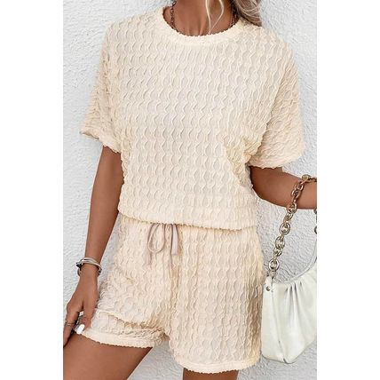 Beige Frill Textured Short Sleeve Top and Drawstring Shorts Set