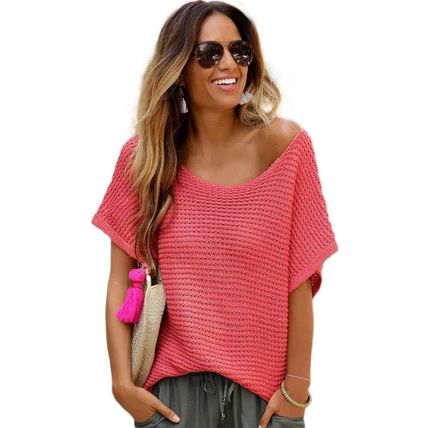 Red Clay Solid Loose Knit Short Dolman Sleeve Sweater