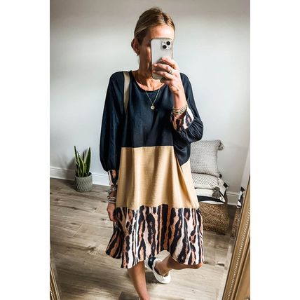 Khaki Printed Tiger Stripe Colorblock Bishop Sleeve Mini Dress