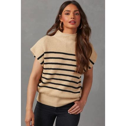 Parchment Striped Ribbed Knit High Neck Sweater