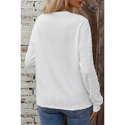 White Round Neck Drop Shoulder Textured Knit Top