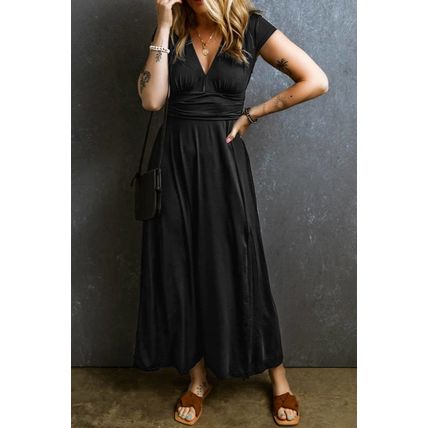 Black Short Sleeve Shirred High Waist V Neck Maxi Dress