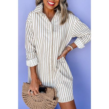 Khaki Stripe Long Sleeve Button Up Mini Shirt Dress