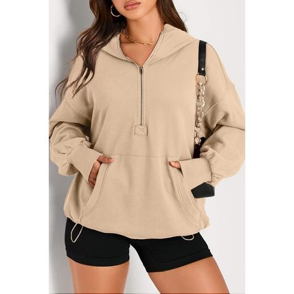 Parchment Solid Kangaroo Pocket Half Zipper Oversized Hoodie