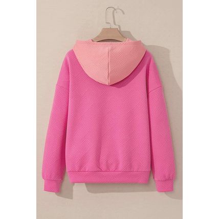 Pink Textured Color Block Kangaroo Pocket Drop Shoulder Hoodie