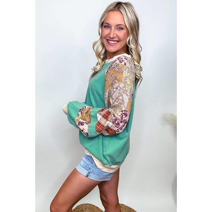Sky Blue Plus Size Plaid Floral Patchwork Raglan Sleeve Sweatshirt
