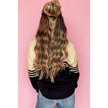 Black Colorblock Stripe Collared V Neck Sweater