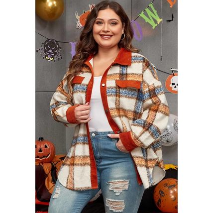 Brown Stripe Plus Size Plaid Print Collared Buttoned Jacket