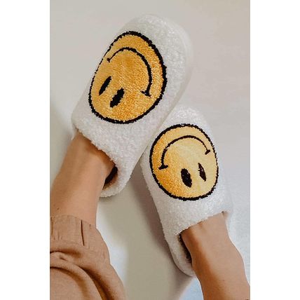 White Smile Face Print Non-slip Plush Slippers