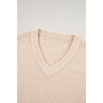Parchment Loose Eyelet V Neck Drop Shoulder Sweater