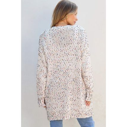White Confetti Rib Knit Long Sleeve Cardigan