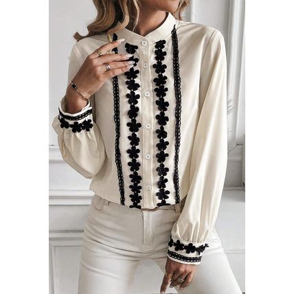 Beige Floral Embroidered Stand Neck Buttoned Shirt