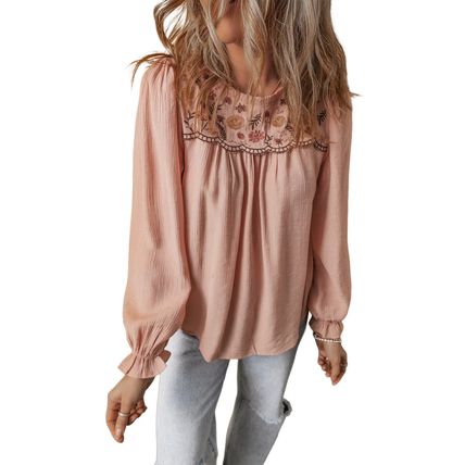 Gossamer Pink Floral Embroidered Textured Flounce Sleeve Elegant Blouse