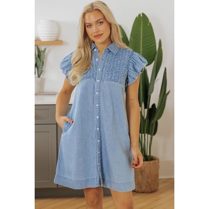 Beau Blue Flutter Sleeve Shirred Detail Button Up Denim Mini Dress