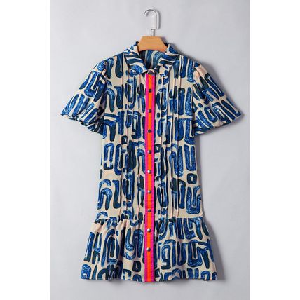 Beige Abstract Print Bubble Sleeve Button up Mini Dress