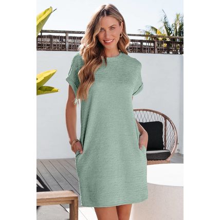Grass Green Solid Color Textured Crinkle Short Sleeve T Shirt Dress