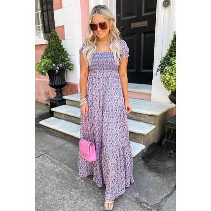 Purple Floral Short Bubble Sleeve Shirred High Waist Maxi Dress