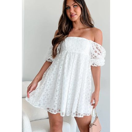 White Floral Lace Puff Sleeve Empire Waist Mini Dress