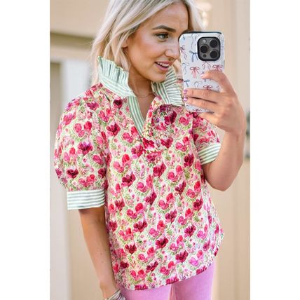 Red Floral Print Striped Patchwork Collared Short Sleeve Blouse