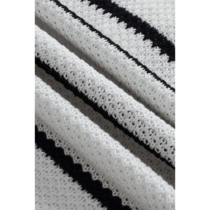 White Stripe Henley Buttoned Placket Drop Shoulder Bracelet Sleeve Knit Sweater