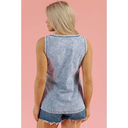 Beau Blue Mineral Wash Denim Frayed U Neck Sleeveless Top